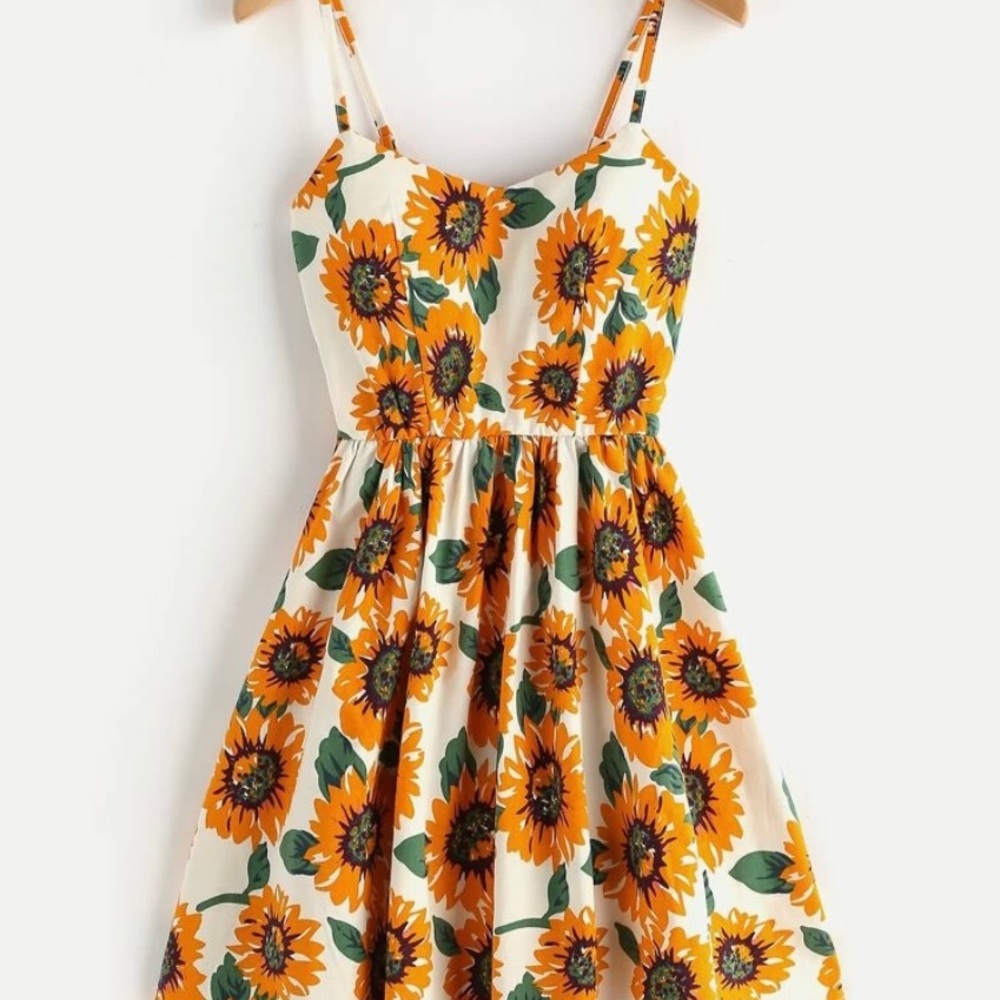 Sunflower print crisscross cami mini dress Small